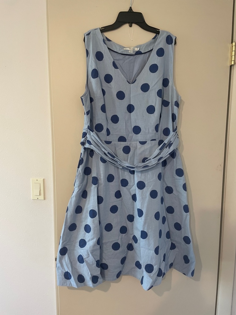 Boden Light Blue Midi Dress with Navy Polka Dots